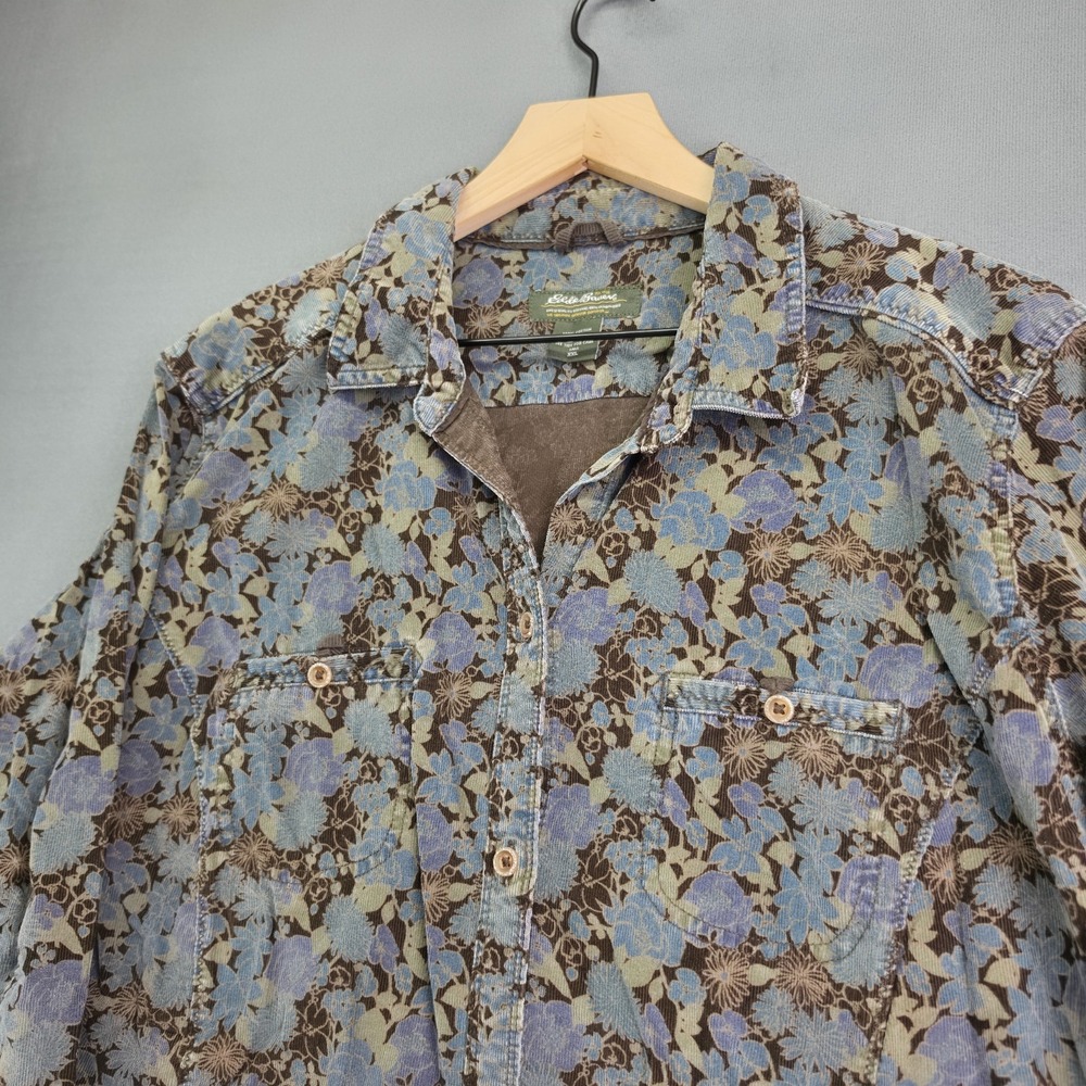 Eddie Bauer Womens Corduroy Shirt XXL Tall Blue Green Floral Button Up Overshirt